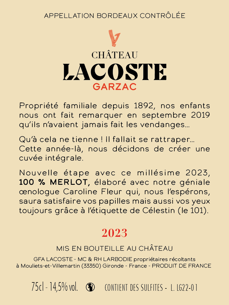 LG-Merlot du Château Lacoste Garzac – vin rouge 100% Merlot AOC Bordeaux